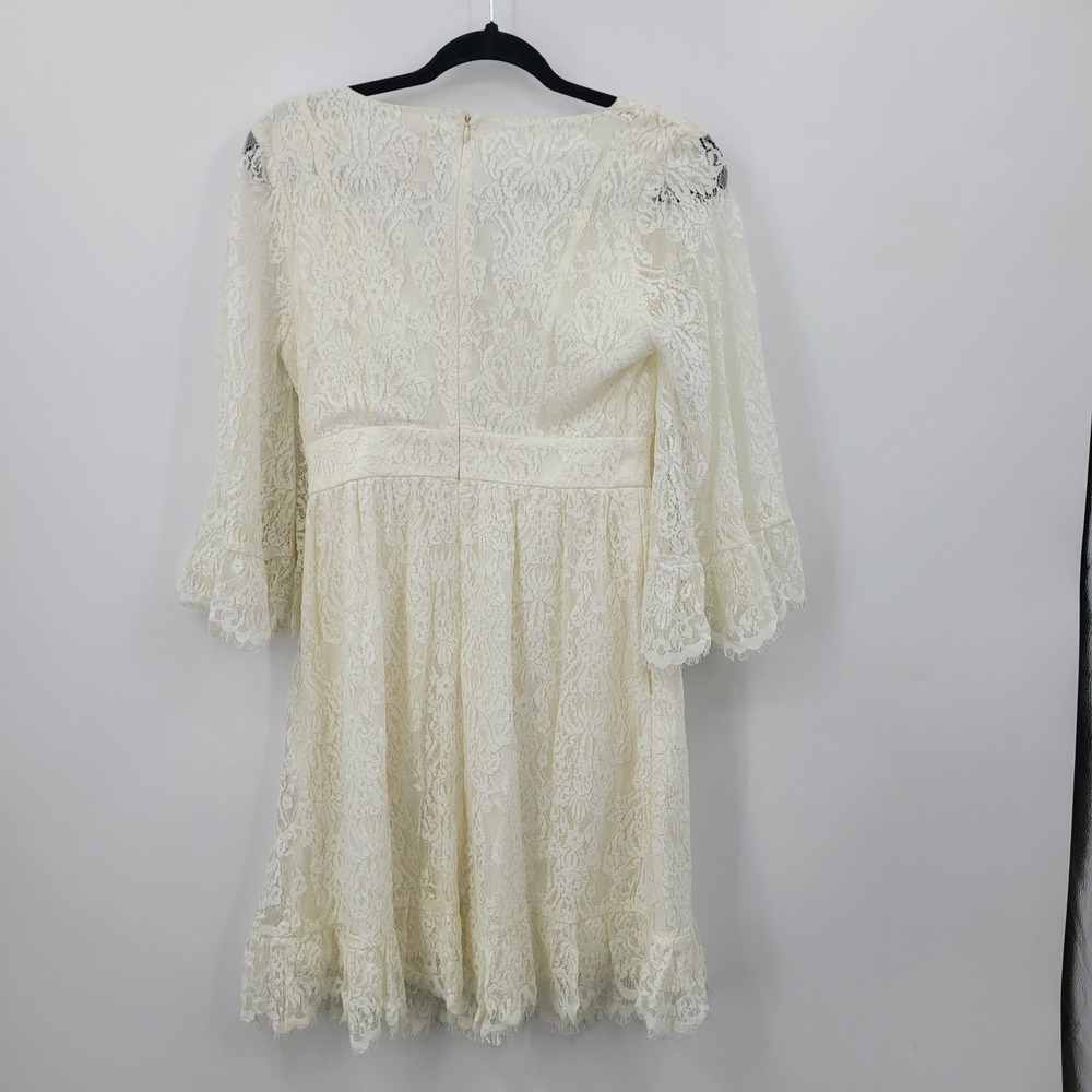 ModCloth Boho Bridal Ivory Floral Lace Mini Dress Bell Sleeves V-Neck Cream Sz S - Picture 8 of 10